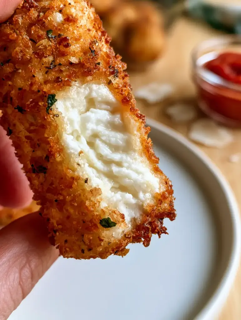 Cottage Cheese Sticks on a white plate with emerald green parsley flecks and a side of marinara.