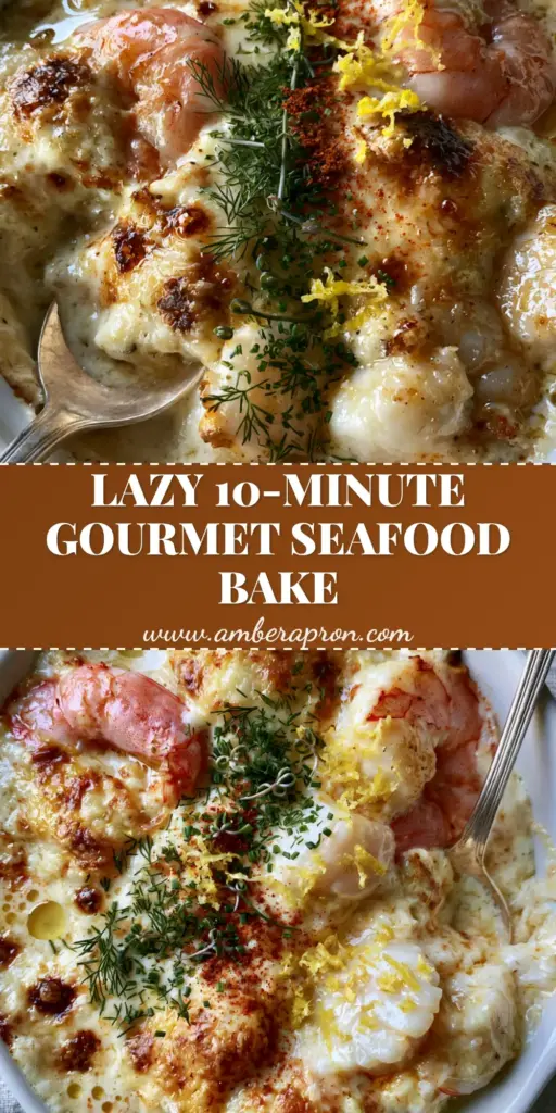 A bubbling Creamy Seafood Bake in a white ceramic dish with seared jumbo shrimp, scallops, and scorched parmesan cheese.
