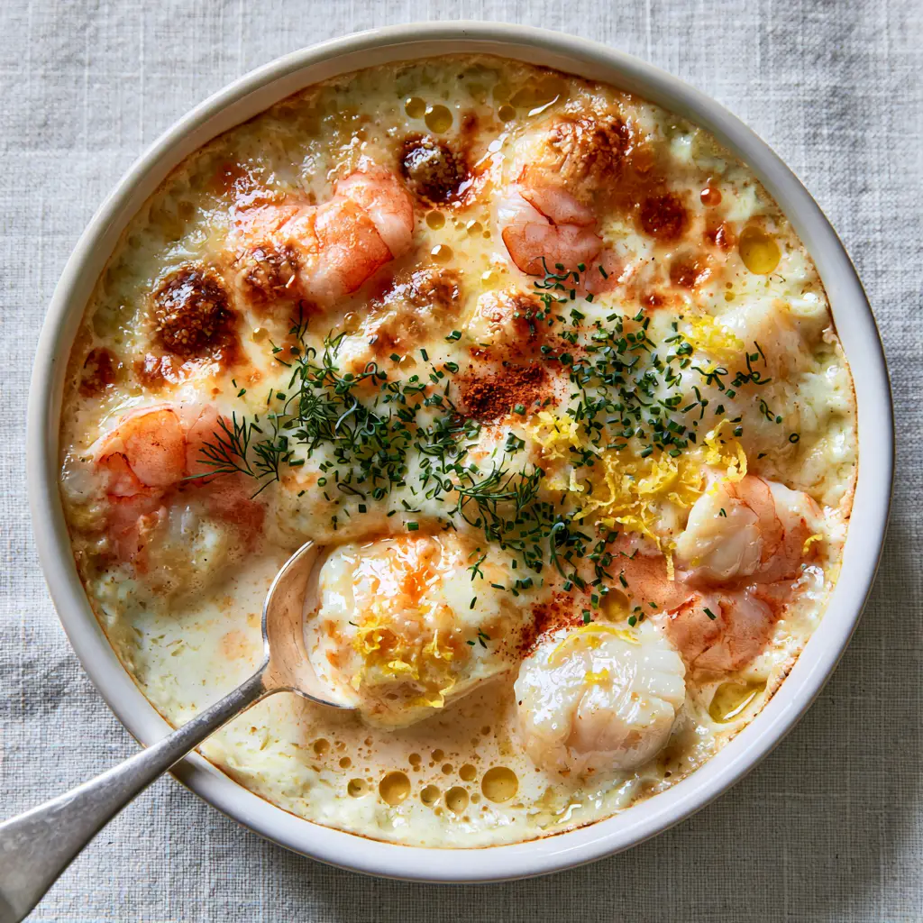 Overhead view of a Creamy Seafood Bake garnished with fresh dill, micro-chives, and lemon zest in a white dish.