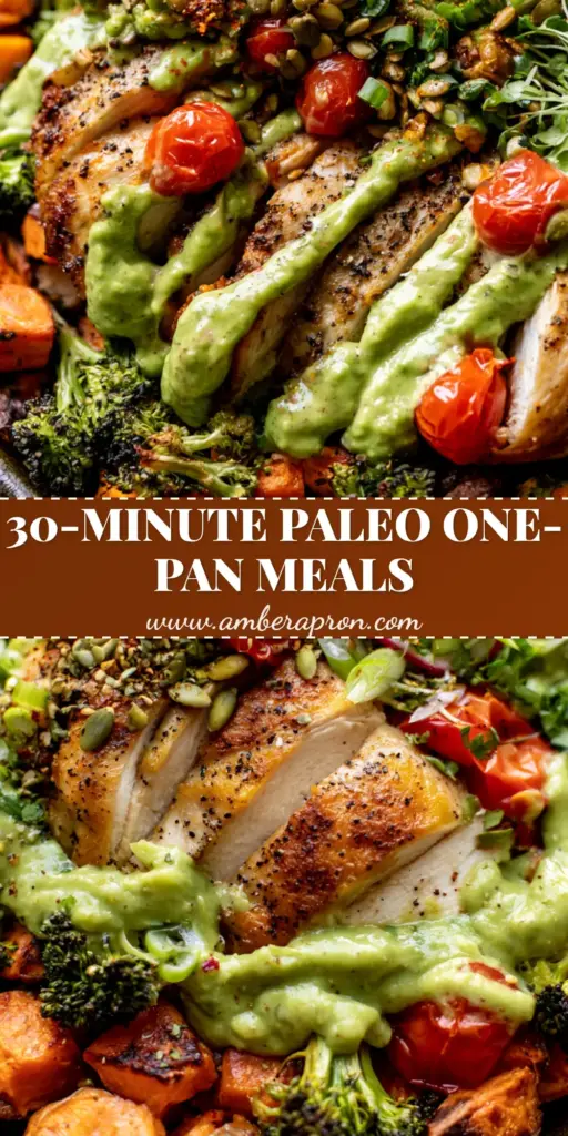 A rustic cast iron skillet filled with seared chicken, roasted sweet potatoes, charred broccoli, and a creamy avocado lime drizzle. (Quick paleo dinner recipes)