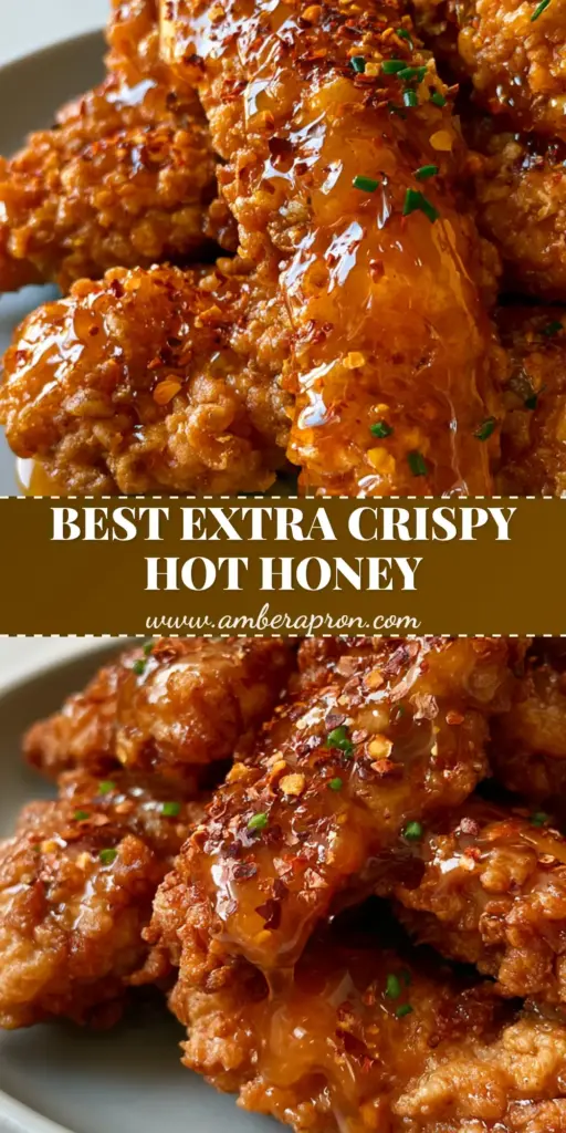 A pile of extra-crispy spicy honey chicken tenders with glistening amber glaze, red pepper flakes, and green chives on a gray plate.