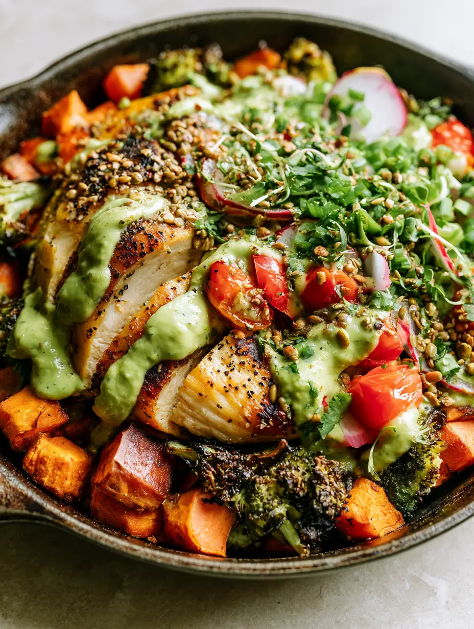 Top-down view of succulent seared chicken slices with charred broccoli and blistered tomatoes in a cast iron skillet. (Quick paleo dinner recipes)