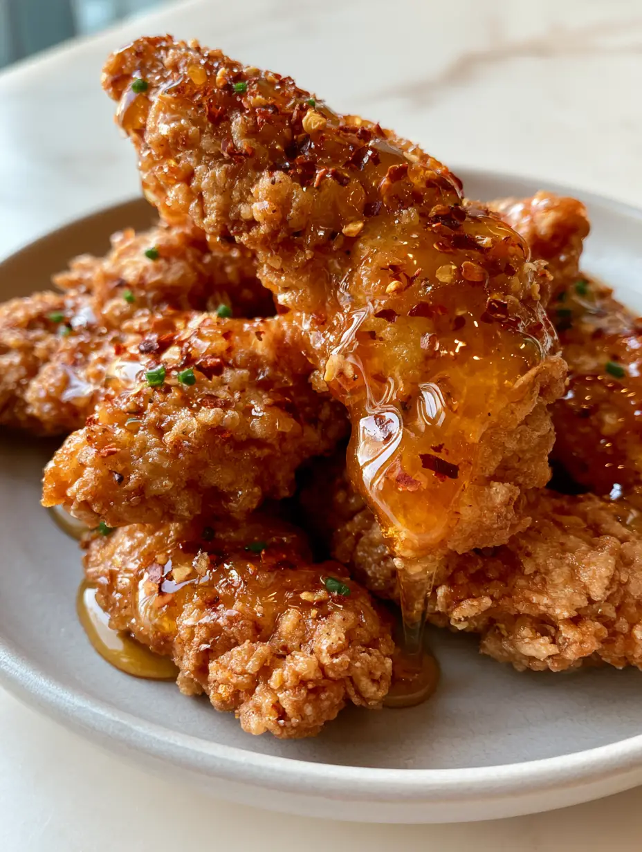 Close up of craggy, golden-brown spicy honey chicken tenders showing translucent honey drips and nooks and crannies.
