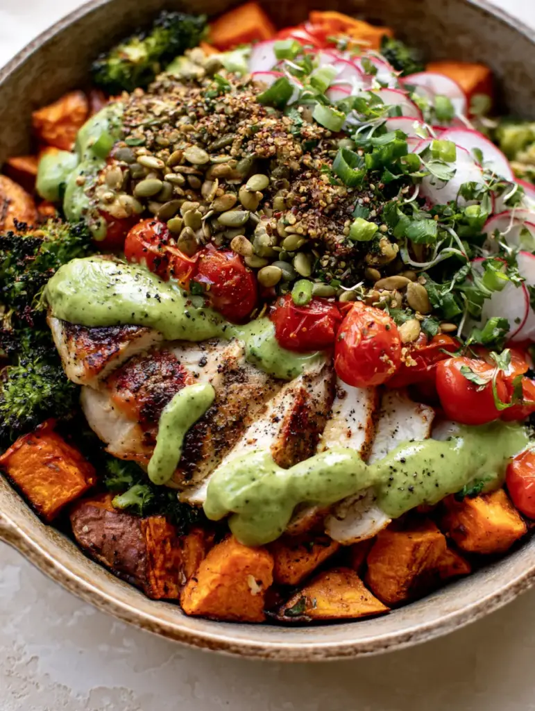 Close up of blistered cherry tomatoes and avocado lime sauce zig-zagged across roasted sweet potatoes. (Quick paleo dinner recipes)
