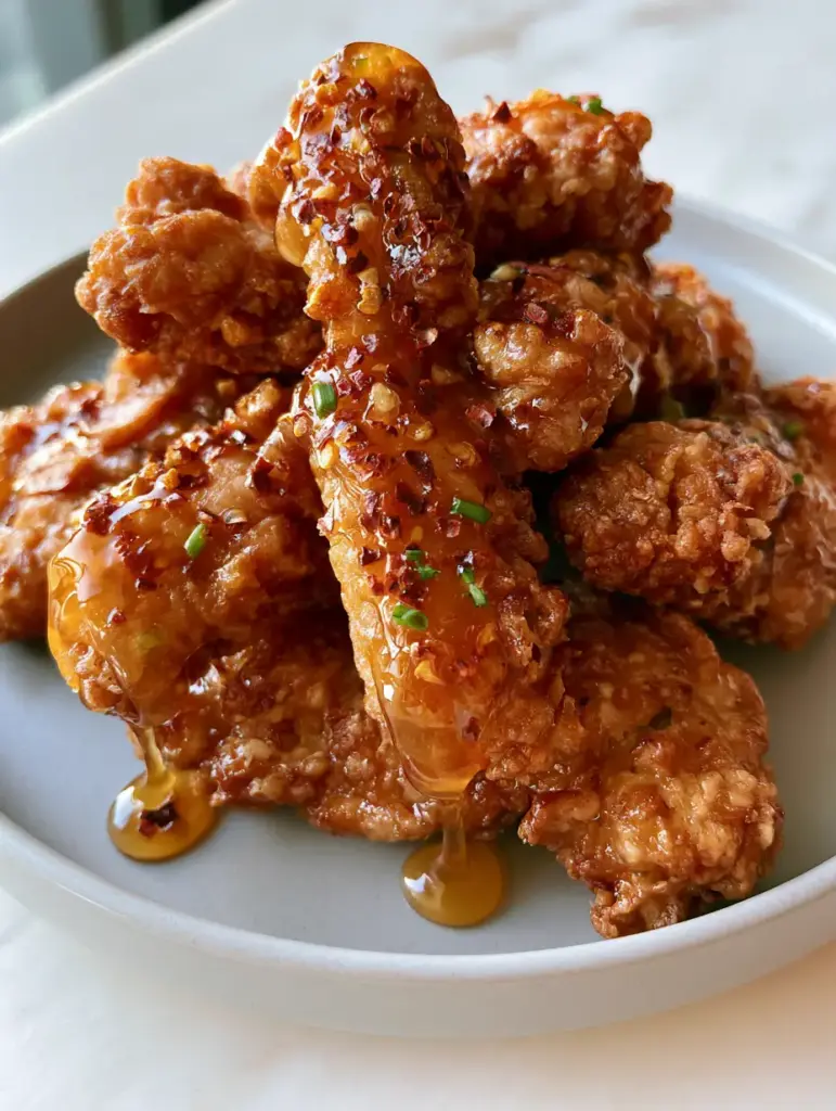 A stack of spicy honey chicken tenders on a minimalist ceramic plate with natural side lighting.