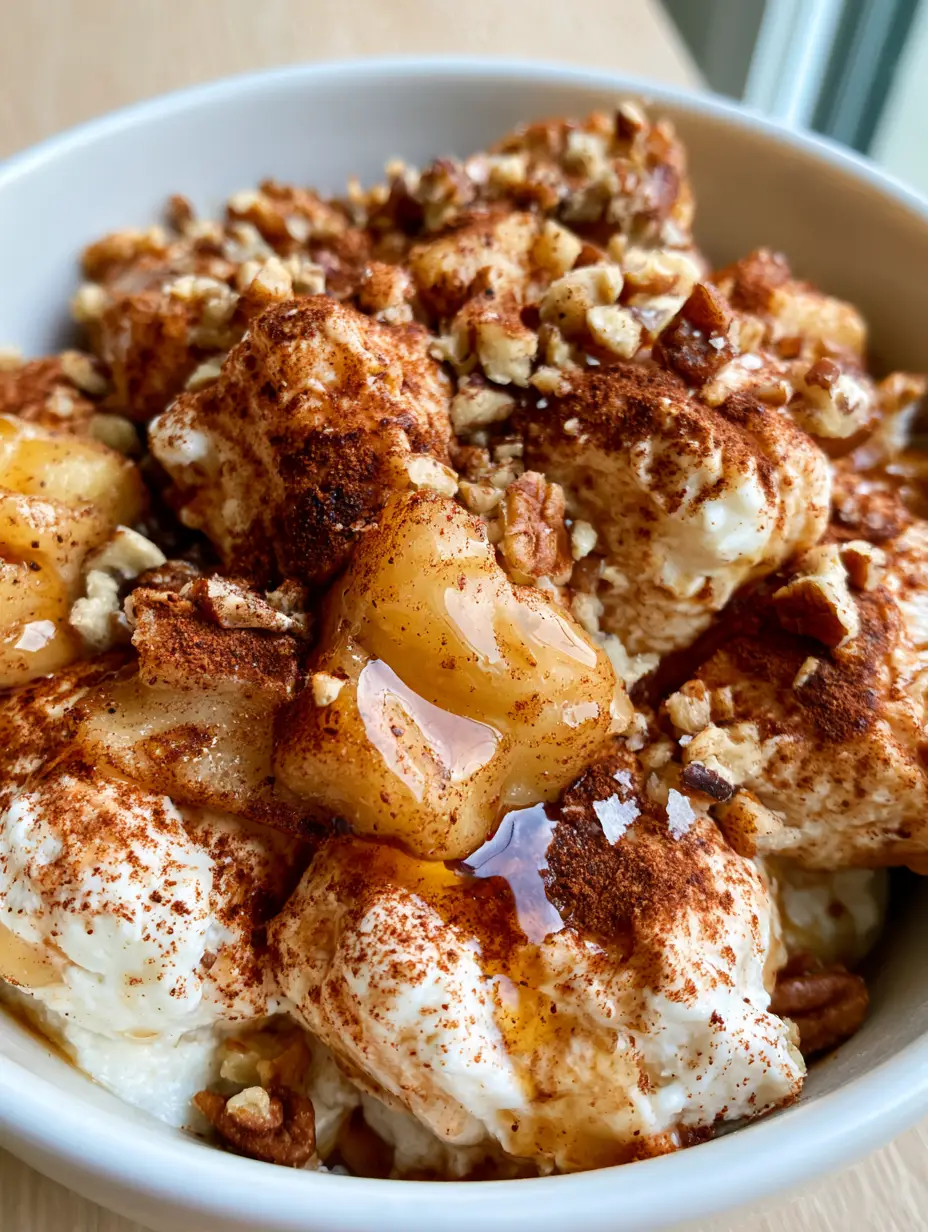 Close up shot of Cinnamon Apple Cottage Cheese Bites showing the creamy whipped texture and dark cinnamon dusting.