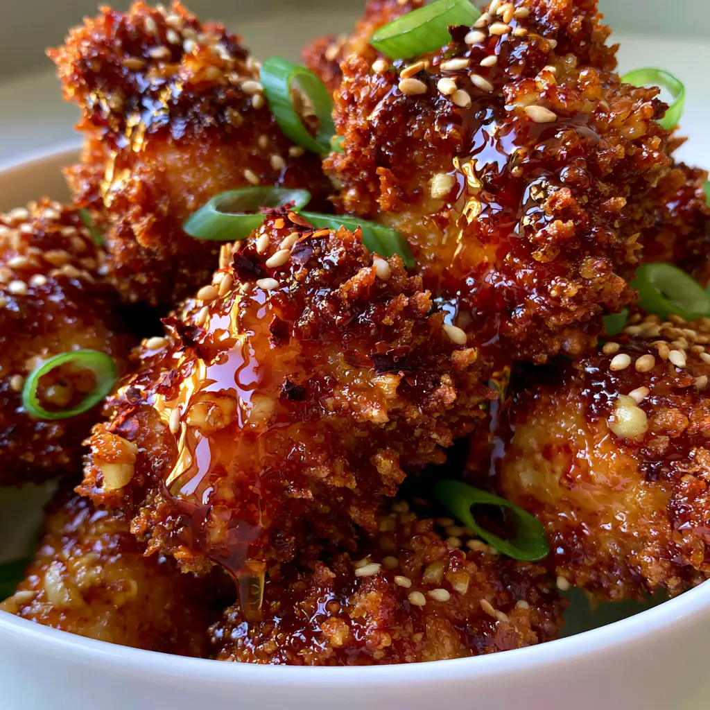 Close-up of crispy chicken bites in a white bowl, sauce dripping down the sides, garnished with scallions and garlic bits.