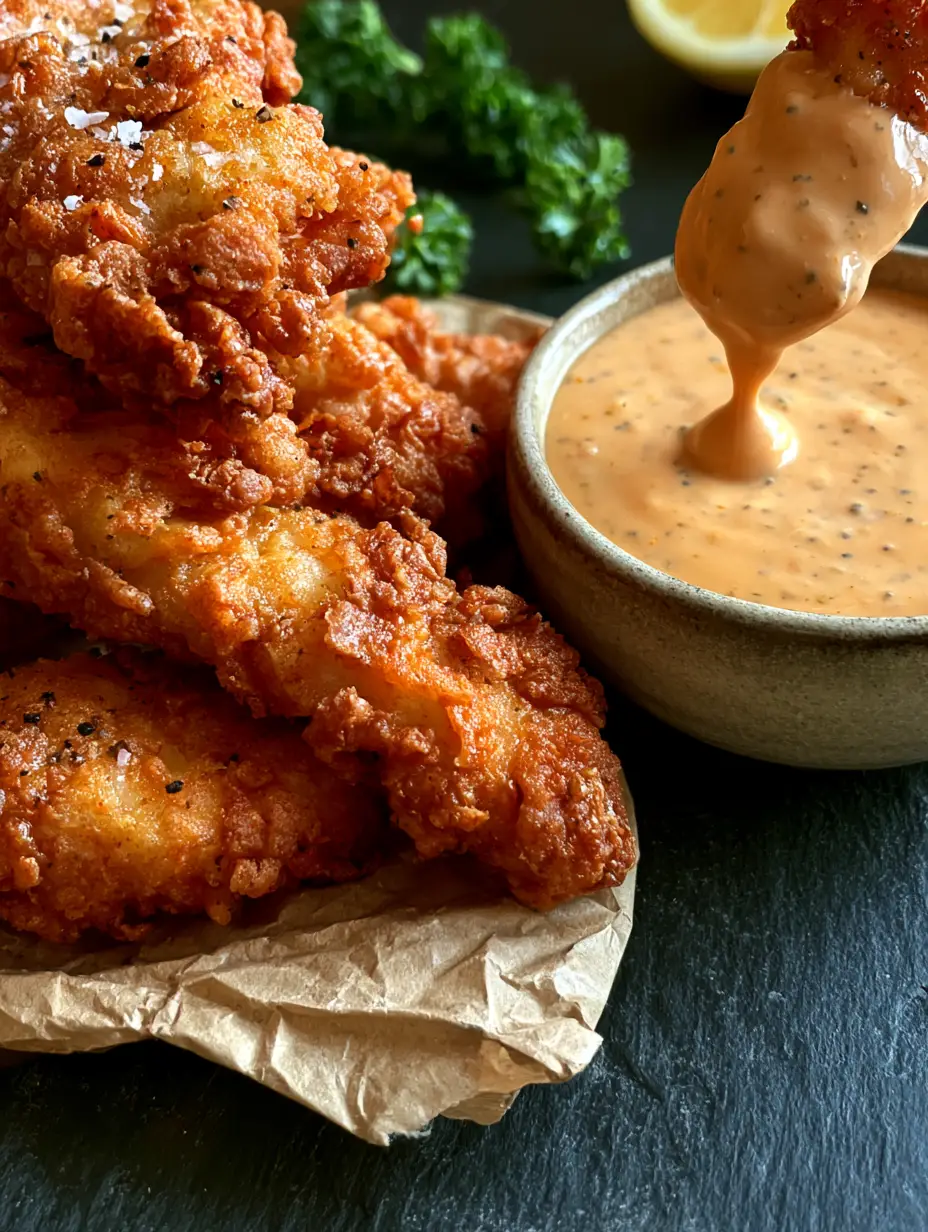 Extreme close-up showing the craggy nooks and crannies of a chicken tenders recipe with black pepper flakes.