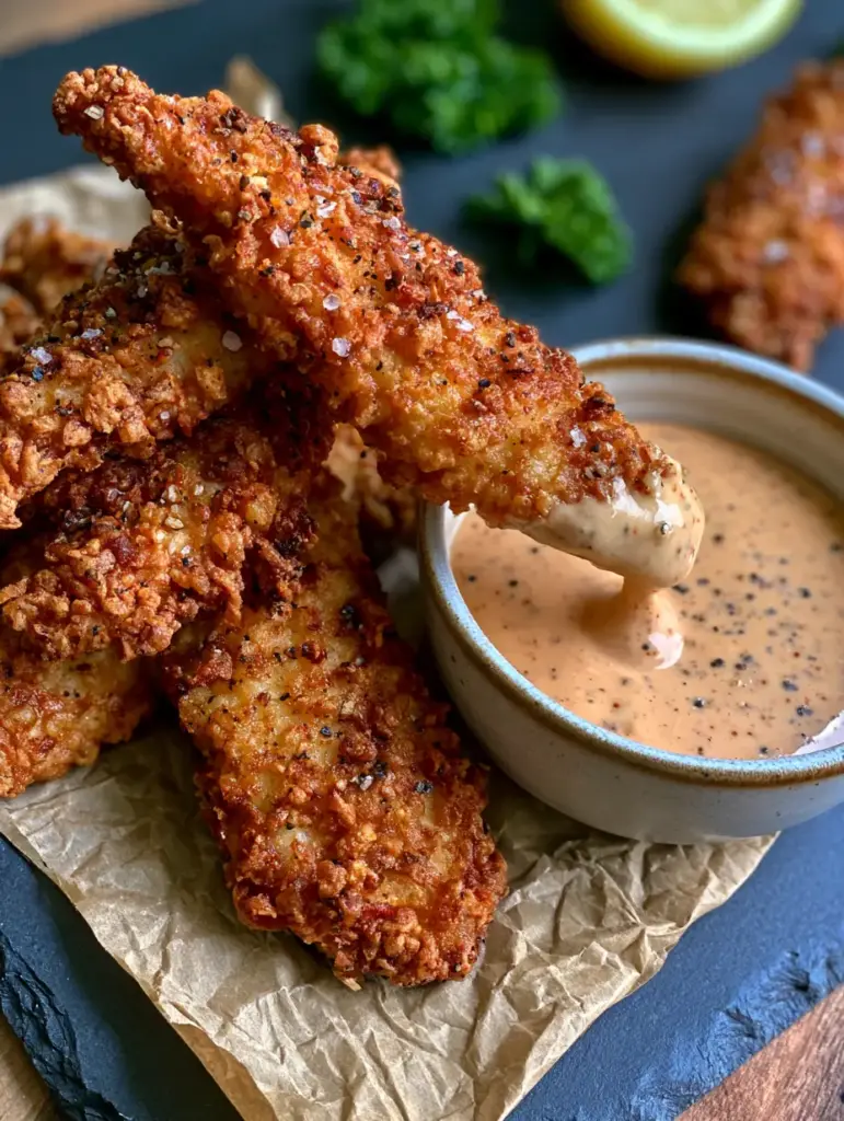 Chicken tender being dipped into a bowl of creamy orange peppercorn sauce. (chicken tenders recipe)