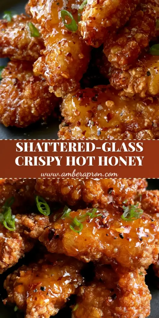 Crispy Hot Honey Chicken: The Ultimate Shattered-Glass Crust Recipe 3 A pile of Crispy Hot Honey Chicken tenders with a craggy golden-brown crust and dripping amber glaze on a black plate.