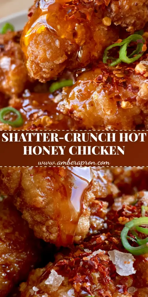 Close-up of crispy Hot Honey Chicken pieces served on a wooden board, garnished with scallions and chili flakes.
