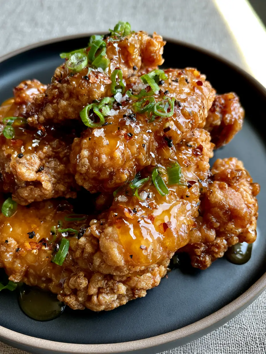Crispy Hot Honey Chicken: The Ultimate Shattered-Glass Crust Recipe 4 Close-up of extra Crispy Hot Honey Chicken showing the shattered-glass texture and suspended chili flakes.