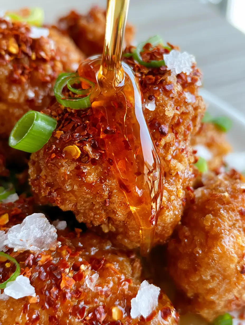 Macro view of ultra-craggy breaded chicken with thick honey glaze and red pepper flakes. (Hot Honey Chicken)