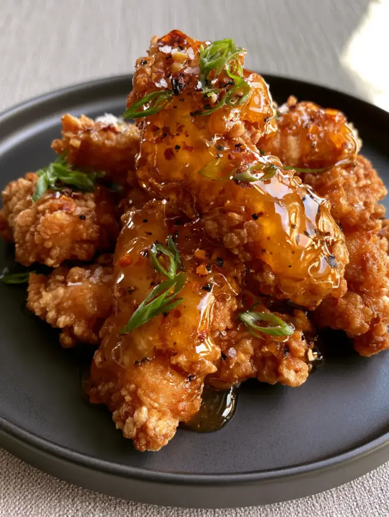 Crispy Hot Honey Chicken: The Ultimate Shattered-Glass Crust Recipe 1 Smashed view of Crispy Hot Honey Chicken tenders glazed in glowing honey on a minimalist matte black plate.
