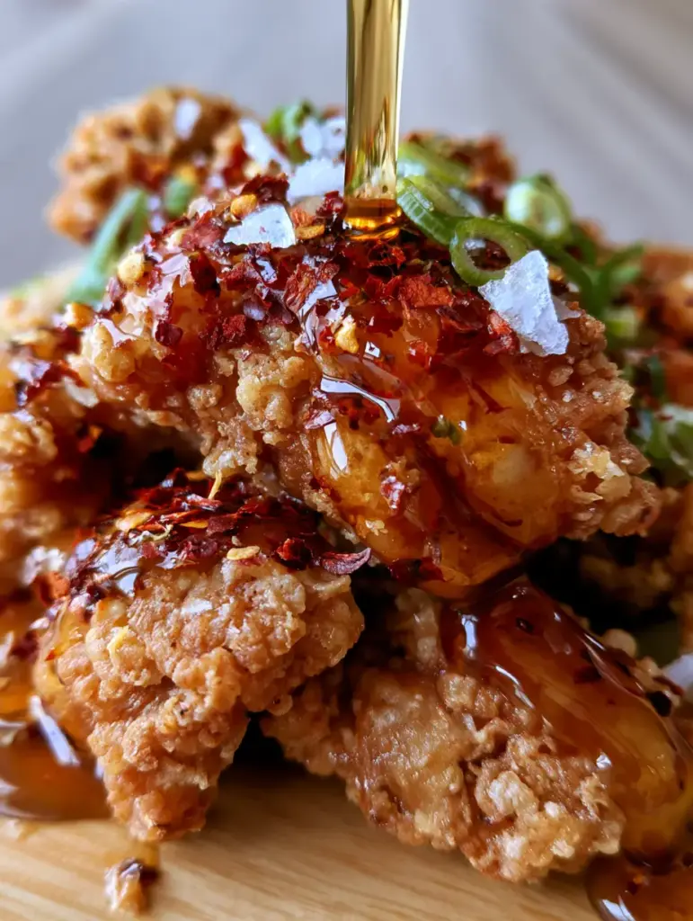 Shatter-crunch breaded chicken breast topped with fresh scallions and flaky sea salt. (Hot Honey Chicken)