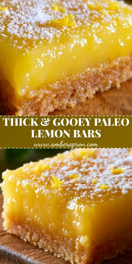 A close-up 45-degree shot of thick paleo lemon bars with a golden almond flour crust and vibrant yellow curd on a wooden board.