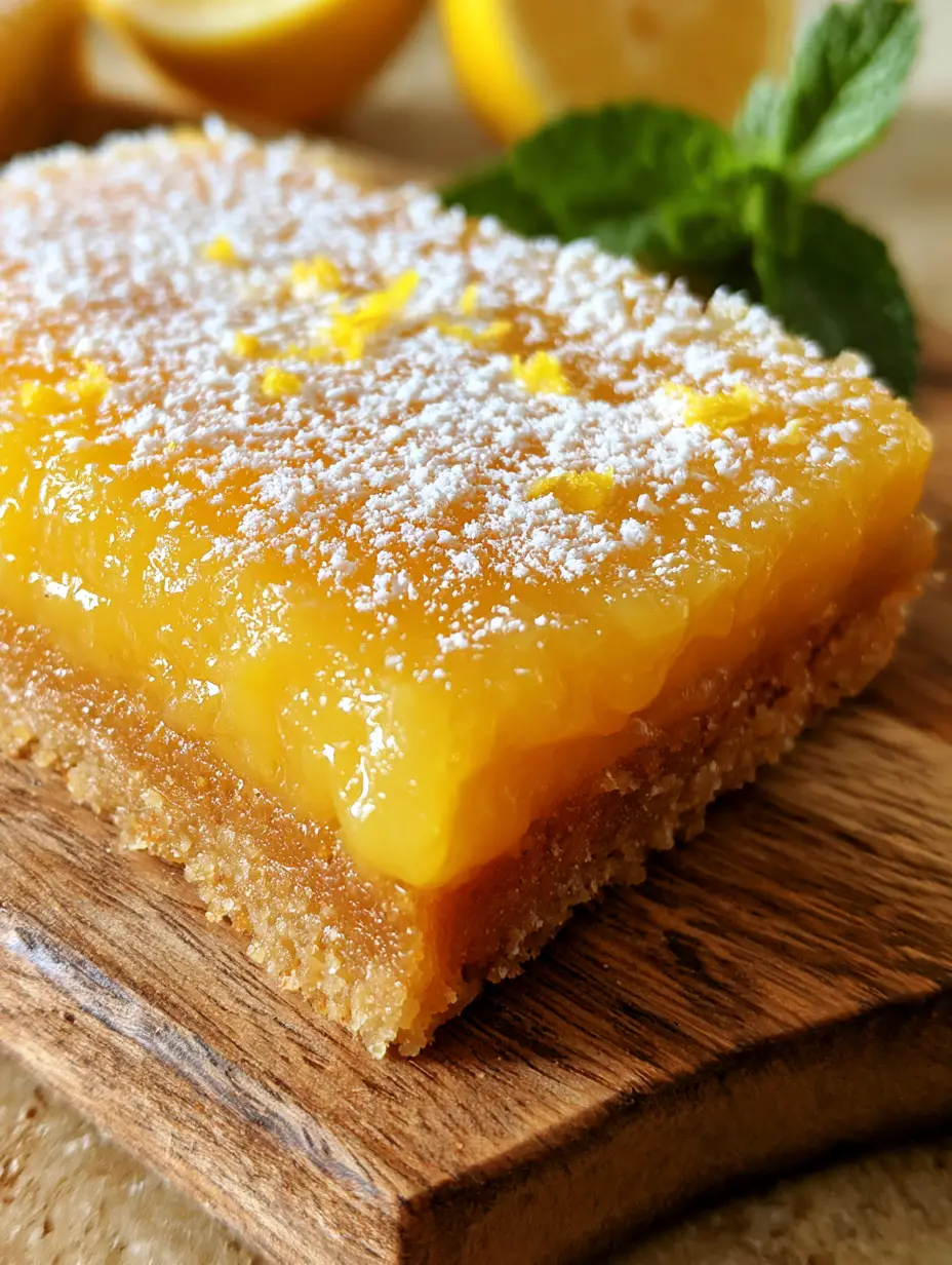 A handheld shot of a paleo lemon bar showing the crumbly almond crust and translucent yellow filling.