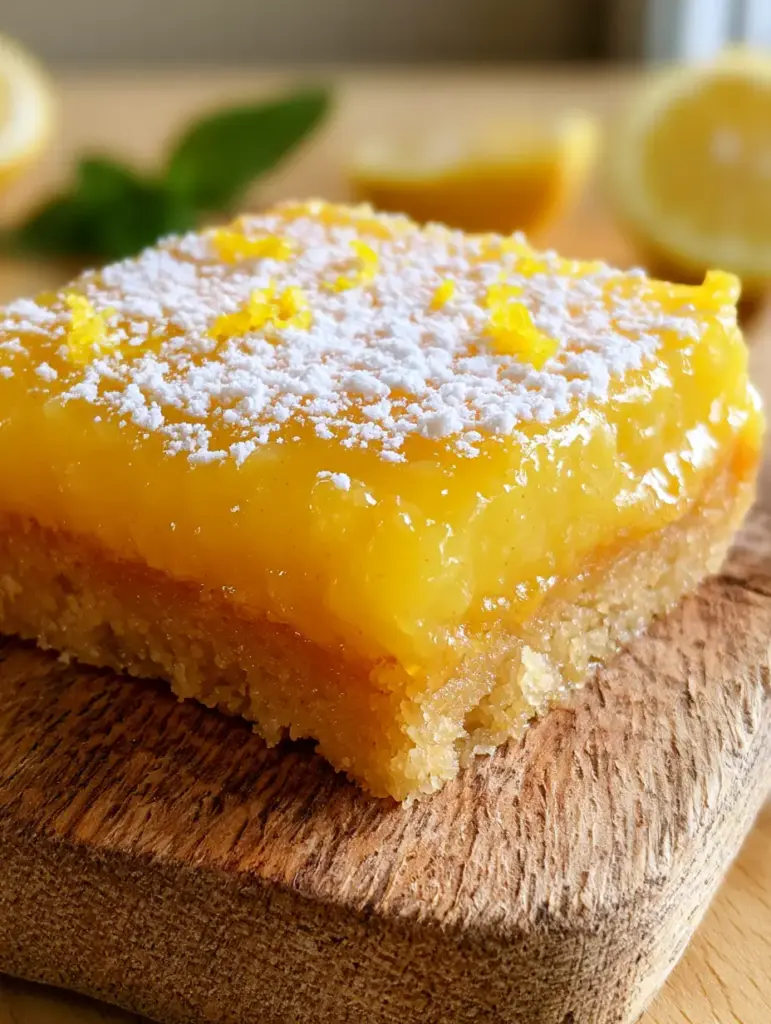 Paleo lemon bars dusted with coconut flour on a rustic wooden surface with mint garnish.