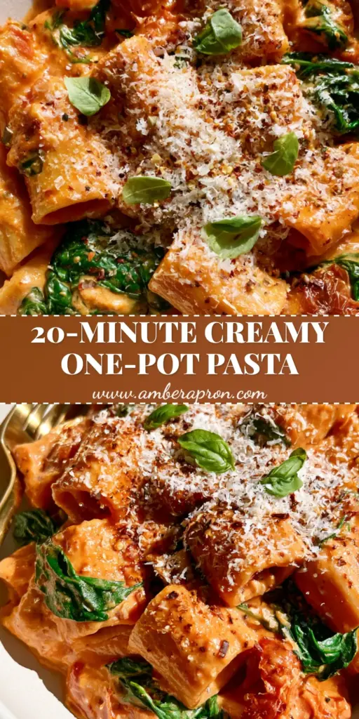 A handheld smartphone photo of Creamy Tomato Spinach Pasta in a white bowl with a gold fork, showing glossy orange-pink sauce and snowy parmesan.