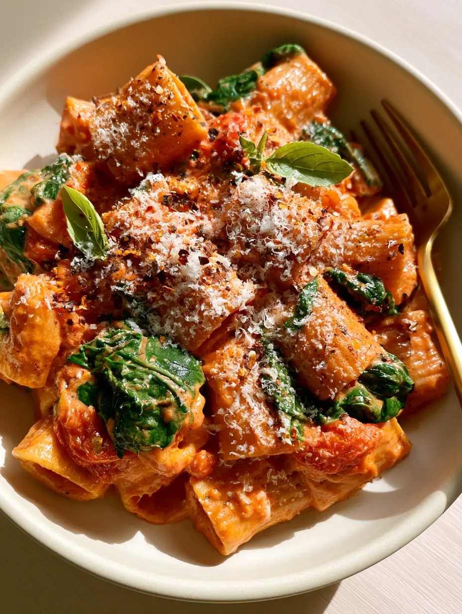 Top-down view of rigatoni pasta coated in a thick orange-pink tomato cream sauce with emerald spinach and fire-roasted tomatoes. (Creamy Tomato Spinach Pasta)