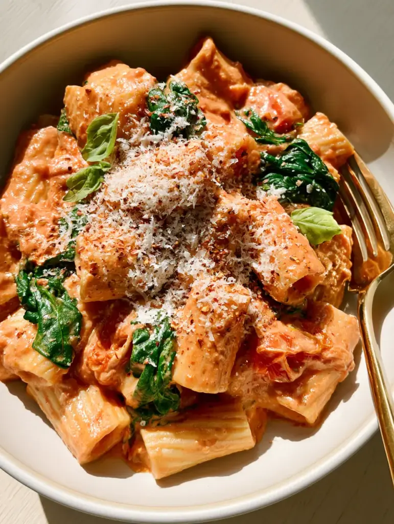 Close-up of Creamy Tomato Spinach Pasta topped with micro-planed parmesan and fresh basil leaves on a light wood surface.