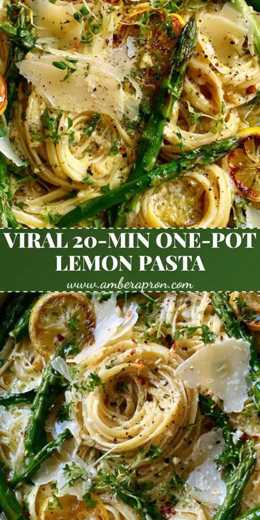 A top-down view of Creamy Pasta with Asparagus in a cream Dutch oven, featuring linguine, scorched lemons, and parmesan flakes.