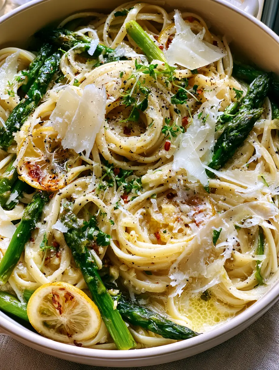 Close-up of glossily coated linguine with bright green asparagus and scorched Meyer lemon slices in a matte-cream pot. (Creamy Pasta with Asparagus)