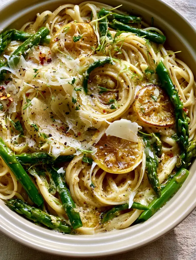 High-angle shot showing the heavy garnish of shaved Parmesan and red chili flakes on Creamy Pasta with Asparagus.