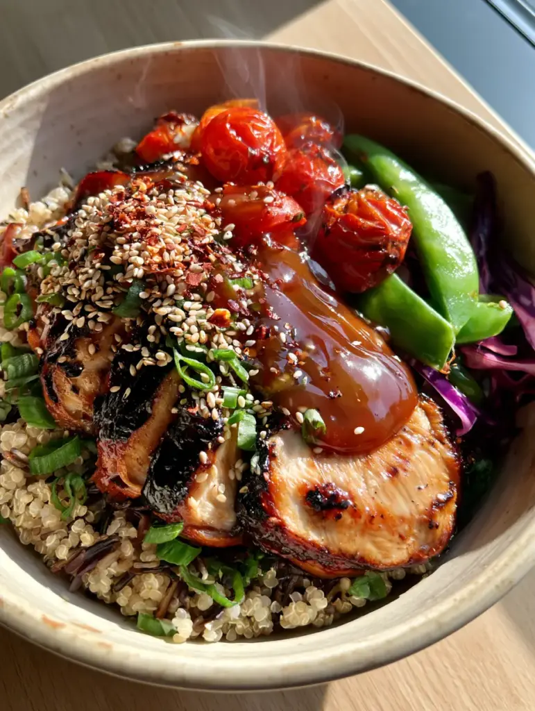 A rustic cream bowl filled with quinoa, wild rice, and blistered tomatoes.
