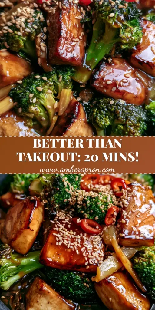 A close-up of chicken and broccoli stir fry with glossy mahogany sauce and fresh red chili rings in a charcoal bowl. (chicken and broccoli)