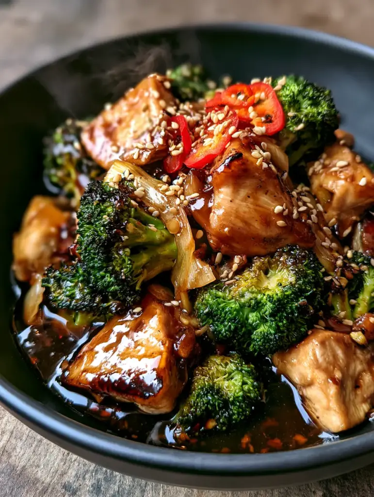 Macro view of mahogany garlic sauce coating chicken and broccoli with ginger matchsticks and sesame seeds.