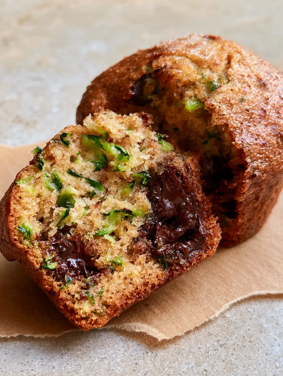 Macro photo of a rustic domed zucchini muffin with visible green zucchini shreds and a sugary glisten on the top.