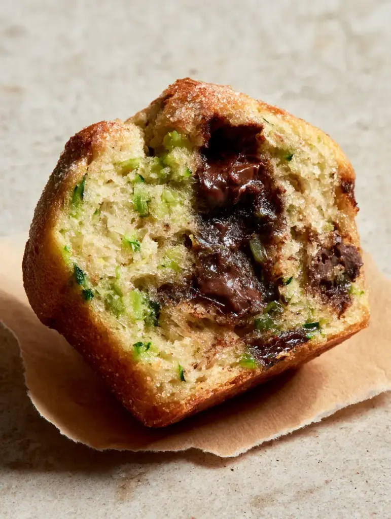 Close-up of a broken zucchini muffin sitting on a light grey stone surface with steam wisps and melting chocolate pools.