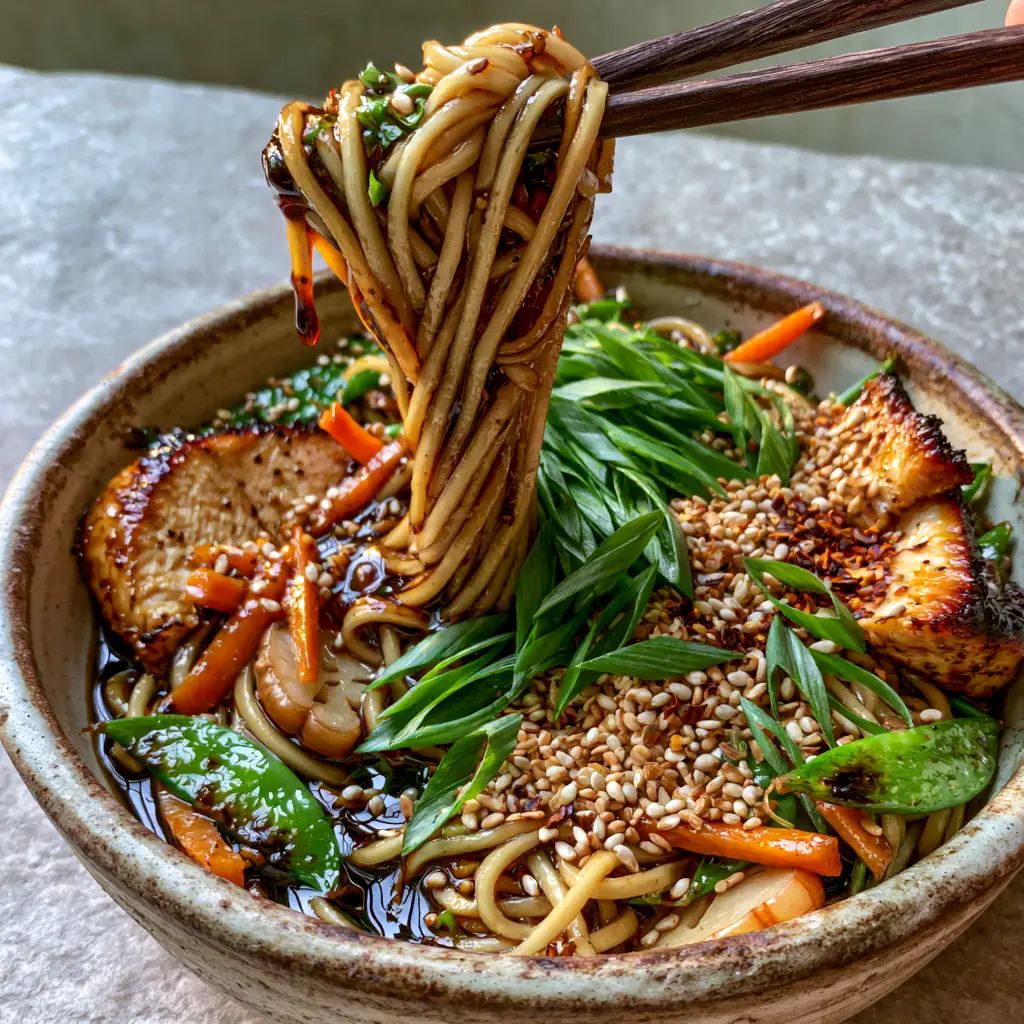 Close up of seared chicken breast and charred snap peas in a bowl of chicken lo mein noodles. (chicken lo mein)