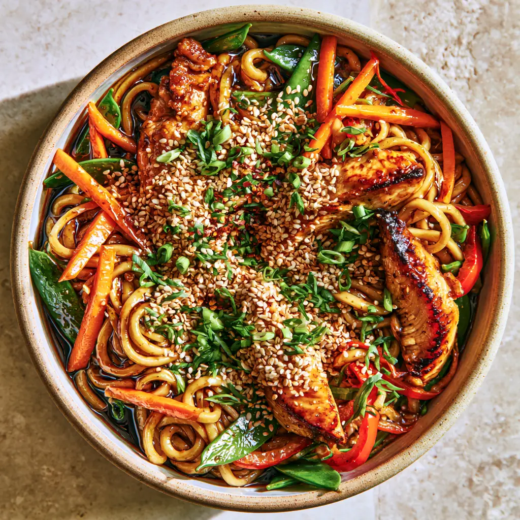 Overhead view of Garlic Chicken Lo Mein highlighting the golden seared chicken breast and emerald green snap peas.