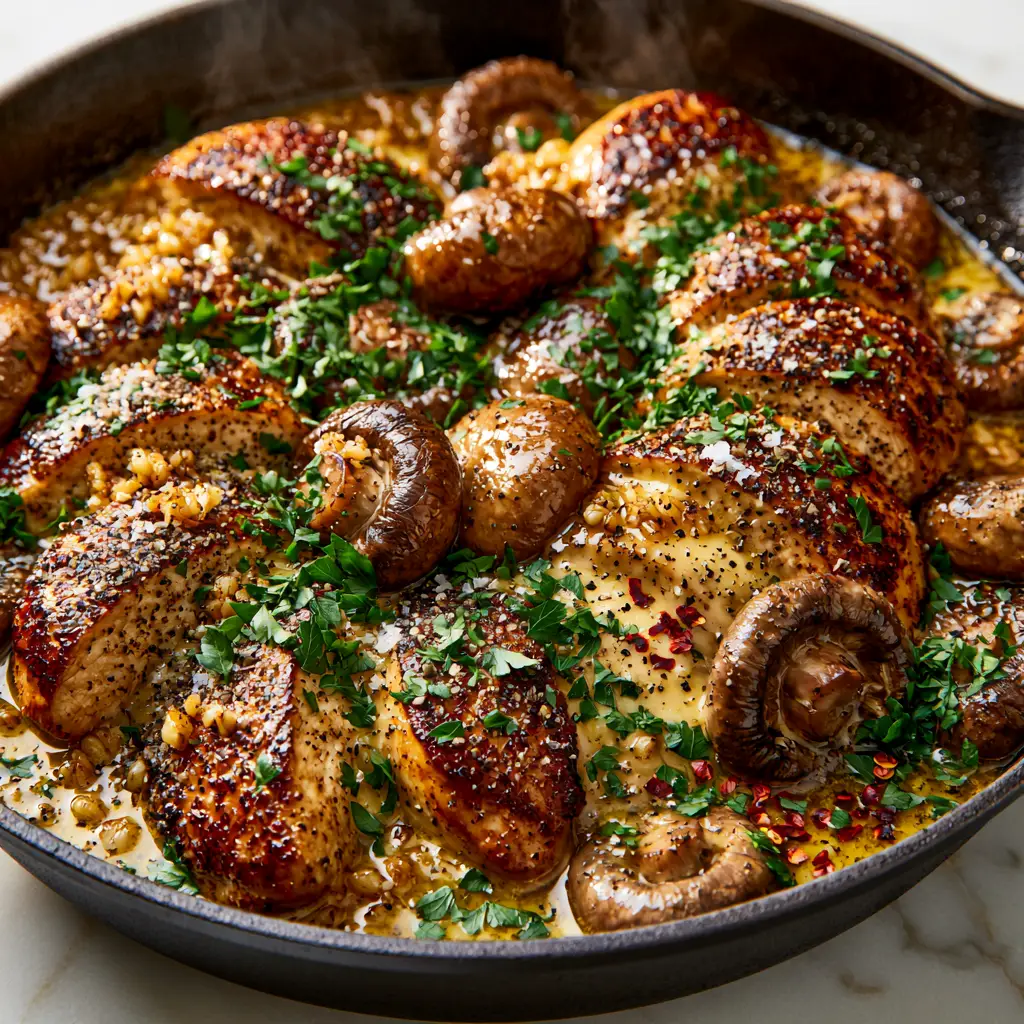 Rustic skillet filled with chicken and mushrooms, garnished with parsley and red chili flakes.