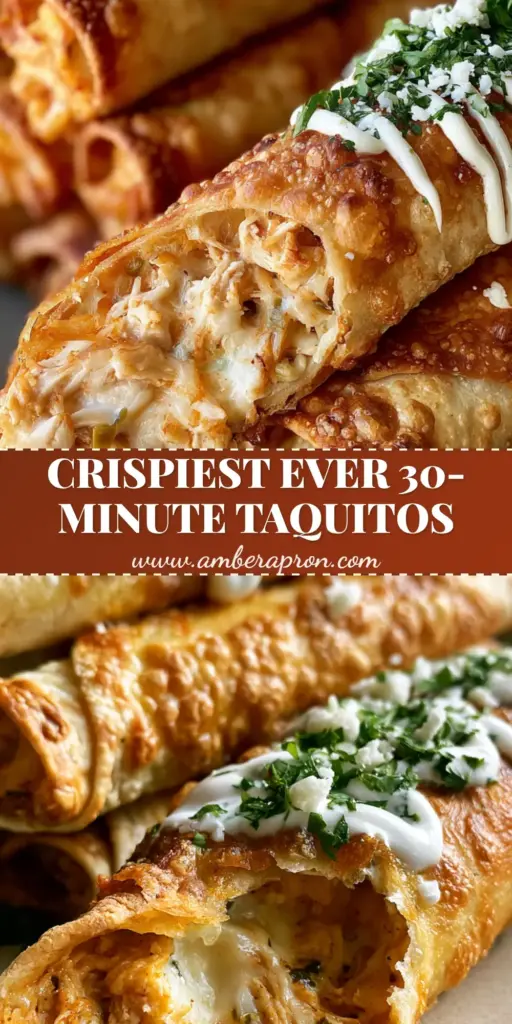 A stack of extra crispy chicken taquitos topped with lime crema, cotija cheese, and cilantro. (chicken taquitos)