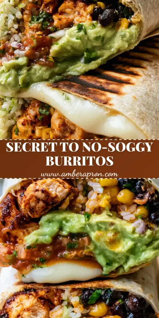 A stack of two halved Make-Ahead Chicken Burritos showing layers of seared chicken, cilantro lime rice, and melted cheese on a stone countertop. (Make-Ahead Chicken Burritos)