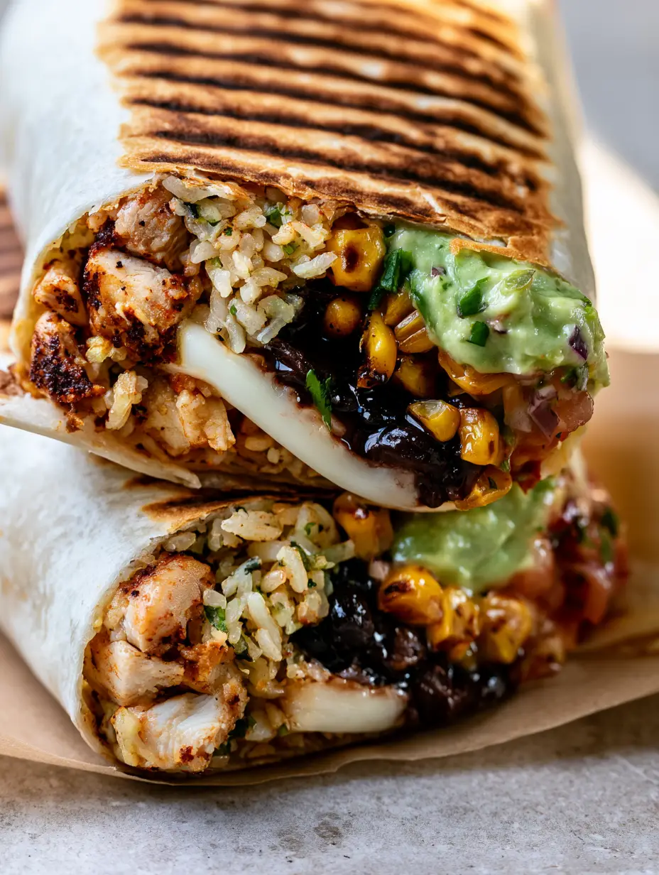 Extreme close-up of a griddled flour tortilla with golden-brown marks, filled with spiced chicken and glossy black beans. (Make-Ahead Chicken Burritos)