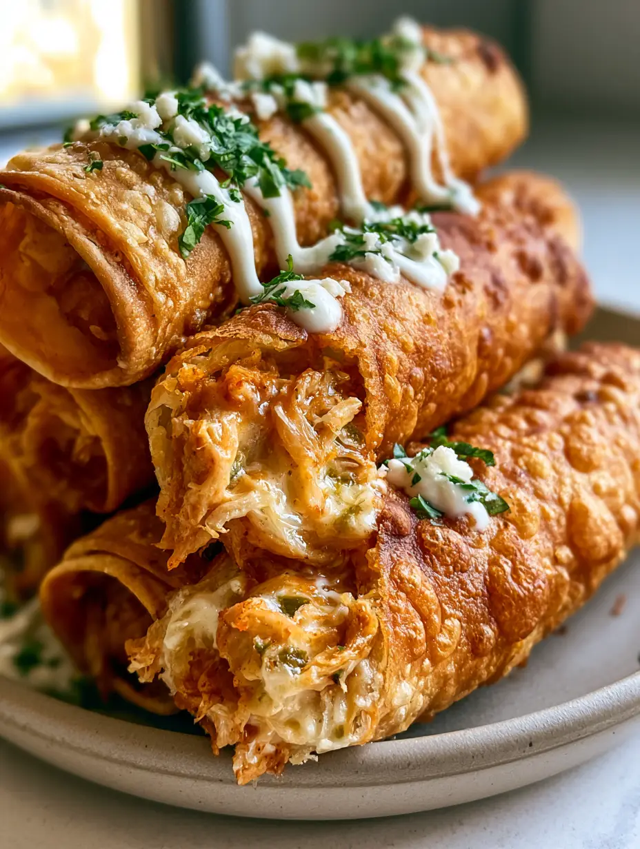 Close up photo of a bitten chicken taquito showing a steaming interior of shredded chicken and melted cheese. (chicken taquitos)