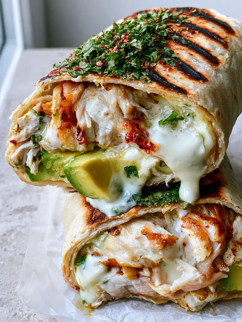 Extreme close-up of a chicken avocado ranch burrito showing the flaky toasted tortilla and seared rotisserie chicken edges.