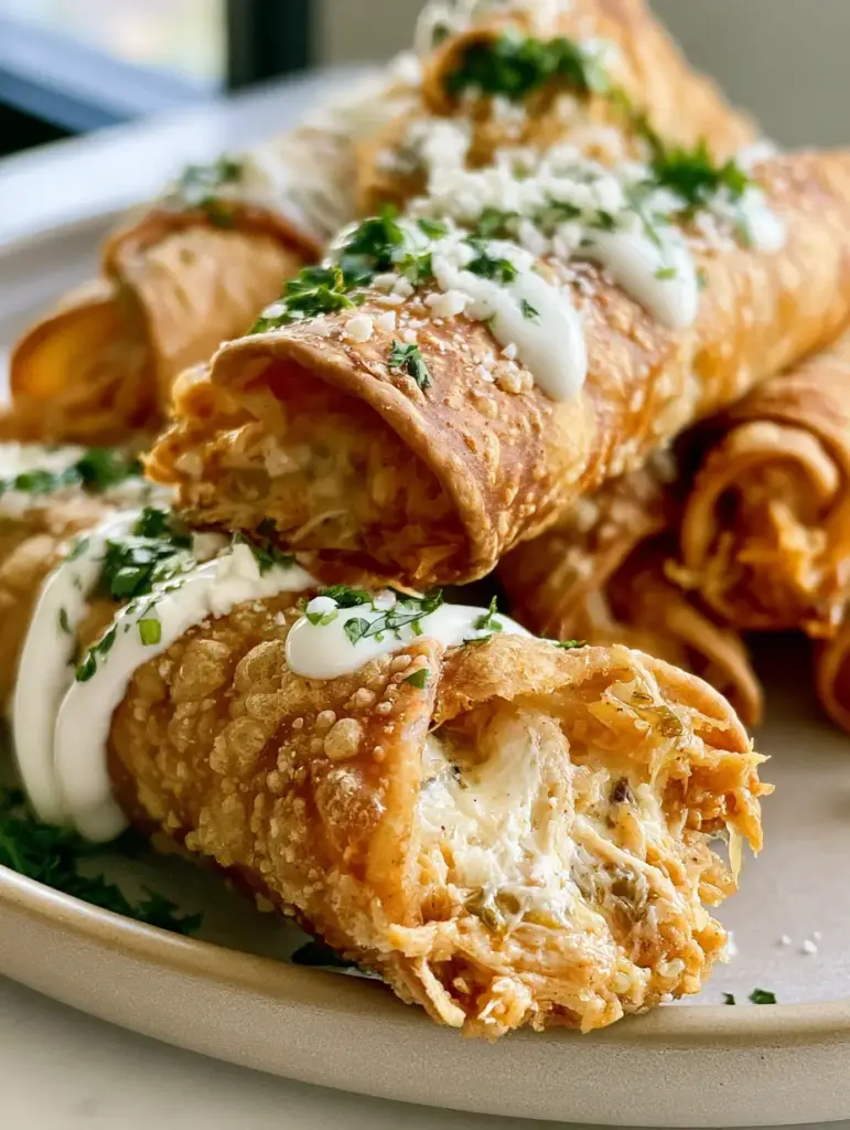 Top down view of blistered flour tortilla chicken taquitos on a ceramic plate. (chicken taquitos)