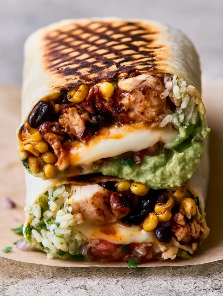 Detailed view of fluffy cilantro lime rice grains and roasted corn kernels inside a chicken burrito.