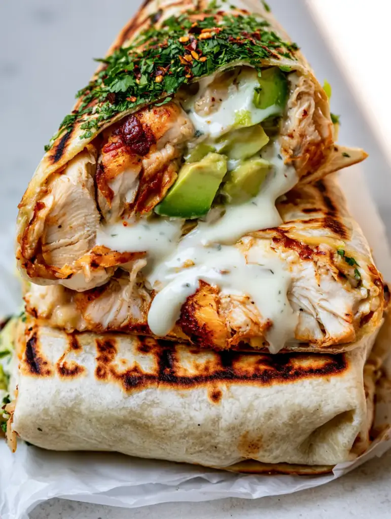 A diagonal cross-section of chicken avocado ranch burritos revealing glossy white ranch dressing and large buttery avocado chunks.