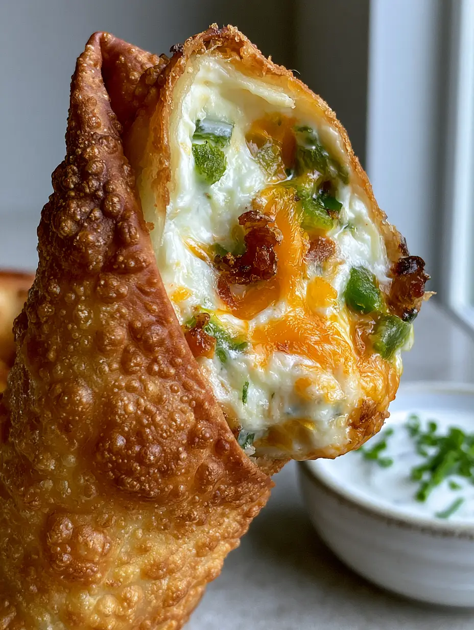 A handheld photo of a Jalapeno Popper Egg Roll split in half to show the molten cream cheese, orange cheddar, and green jalapeno interior. (Jalapeno Popper Egg Rolls)