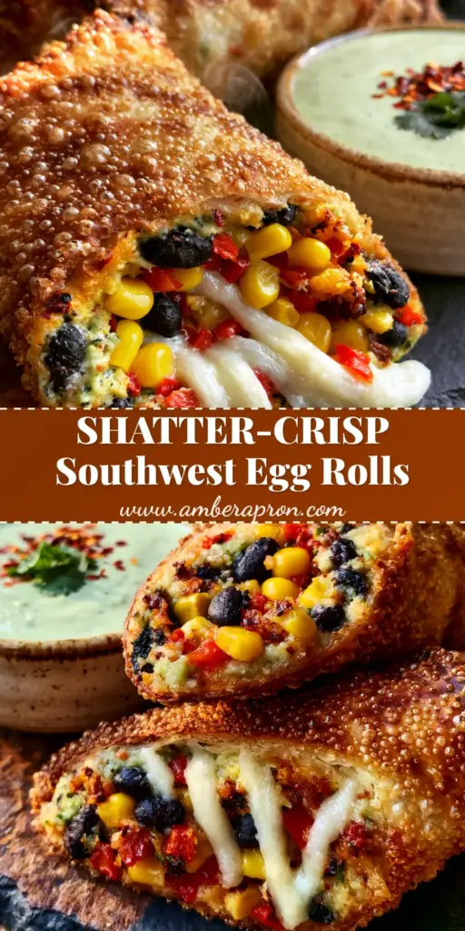 A stack of crispy Southwest Egg rolls with bubbled golden crusts and a side of avocado ranch. (Egg rolls)