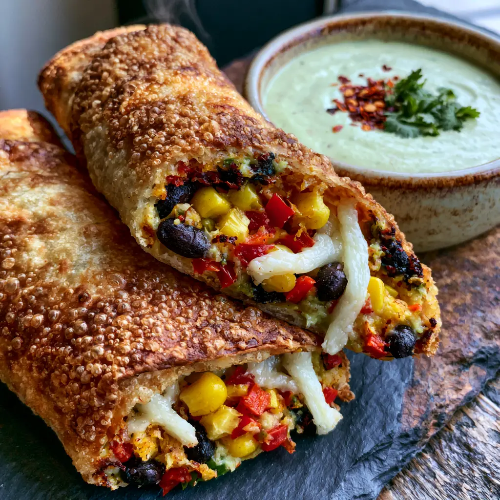 Two golden-fried Egg rolls on a slate board with steam rising and avocado ranch dip.