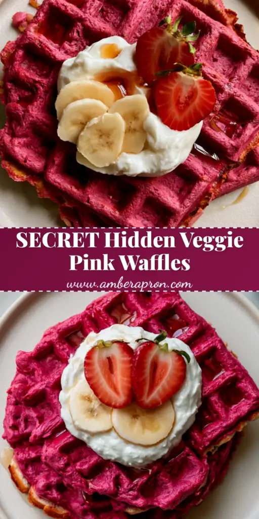 A top-down stack of three magenta Beet and banana waffles on a white plate with Greek yogurt and fruit.