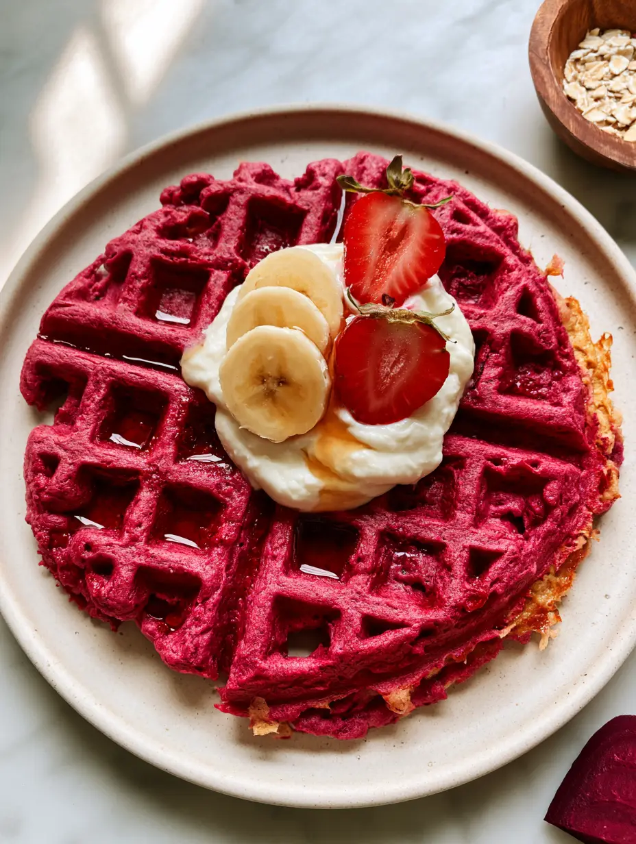 Close-up of a stack of three vibrant magenta-pink Beet and banana waffles with deep square pockets.