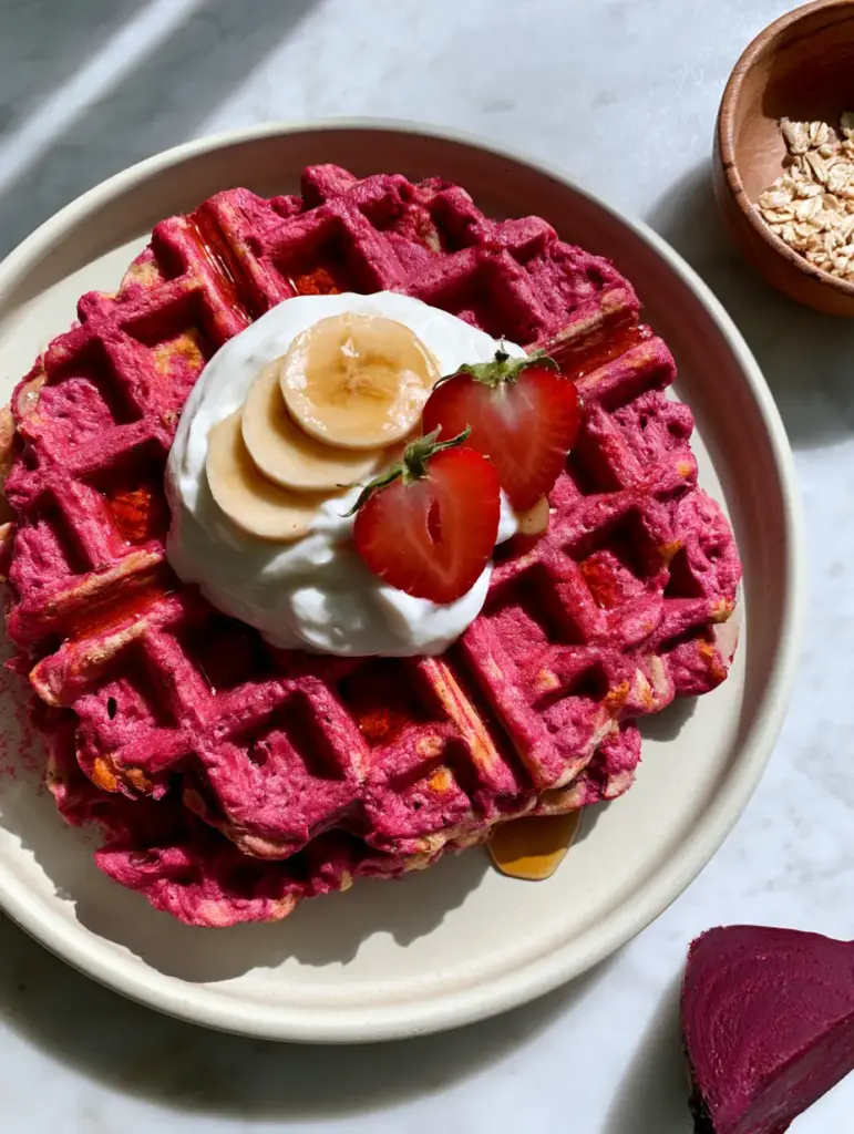 Beet and banana waffles served on a marble surface with glistening maple syrup and fresh strawberries.